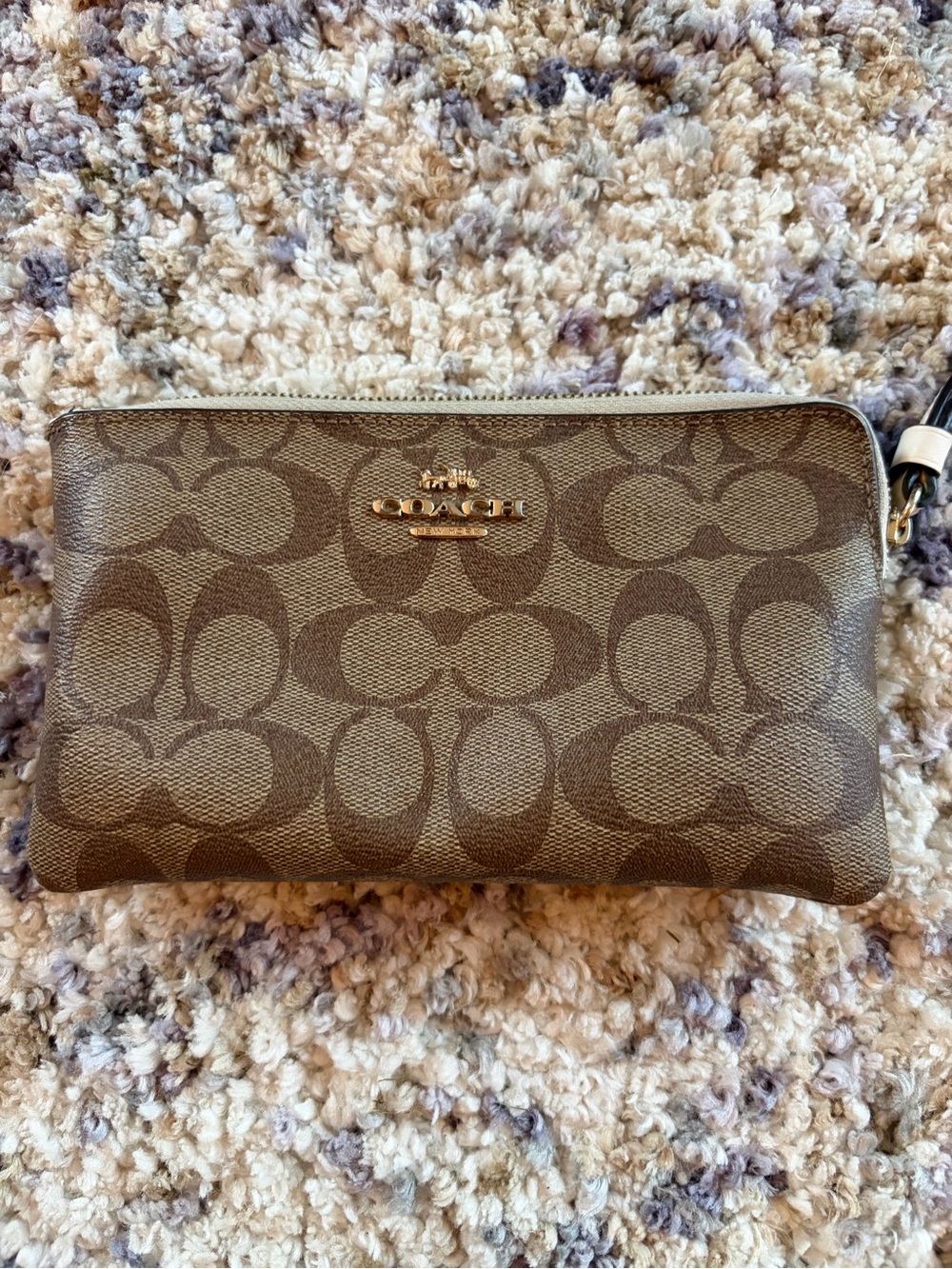 Coach Canvas Signature Wristlet in Brown/Tan with Gold Logo